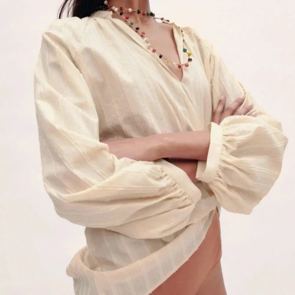 Zara Rustic Balloon Sleeve Blouse | Cream | Size S